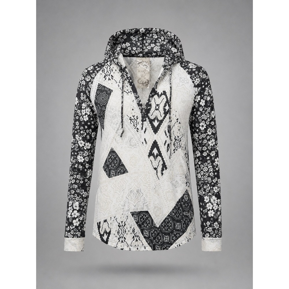 ๐G. Girl Mixed Print Boho Hoodie Black Whiteโ Floral Ikat V-Neck Medium Burnout